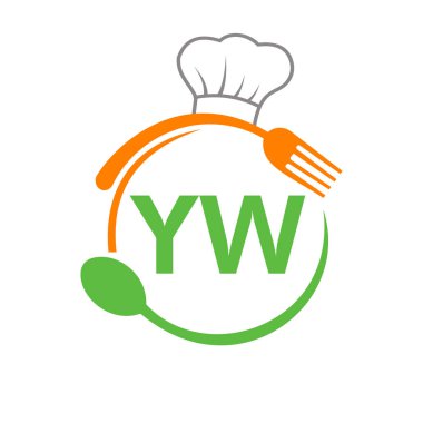 Şef Şapka Kaşığı ve Çatal Şablonu olan YW Restoran Logosu. Restoran Logosu YW Barbeküsü, Logo Vektörü