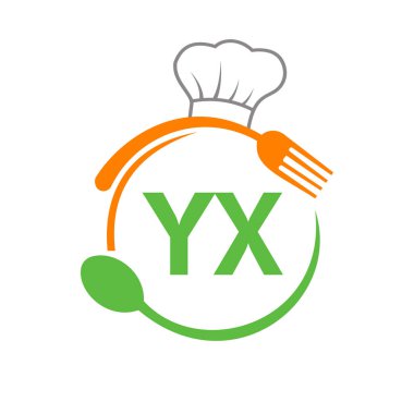 Şef Şapka Kaşığı ve Çatal Şablonu ile YX Logosu Mektubu. Restoran Logosu Harf YX Barbekü, Logo Vektörü