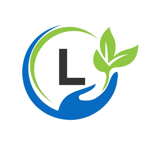 Mão Letra Logo Design Cuidados Saúde Fundação Com Símbolo Mão —  Vetores de Stock