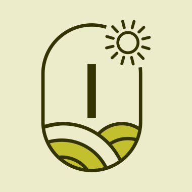 Birinci harf amblem şablonunda tarım logosu. Tarım Mektubu I. Tarım Çiftliği, Tarım İşlemi, Güneş ve Tarım Alanı Sembolü ile Ekolojik Tarım İşareti