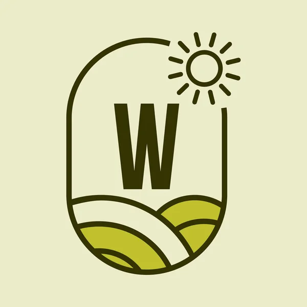 手紙Wエンブレムテンプレート上の農業ロゴ 農地文字 Wアグロファーム 太陽と農業分野のシンボルとエコファームの標識 — ストックベクタ