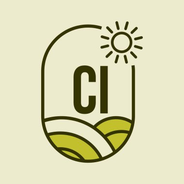 Harf CI amblem şablonunda tarım logosu. Mektup CI Tarım Çiftliği, Tarım Şirketi, Çevre Çiftliği İşareti