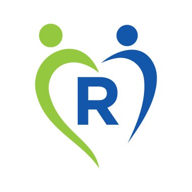 R harfi vektör şablonuna sosyal bakım logosu. Takım çalışması, Heart, People, Family Care, Love Logos. Hayır Kurumu Yaratıcı Hayır Kurumu R harfli İmza