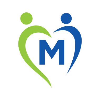 M harfi vektör şablonuna sosyal bakım logosu. Takım çalışması, Heart, People, Family Care, Love Logos. Hayır Kurumu Yaratıcı Hayır Kurumu M Mektubu ile İmza