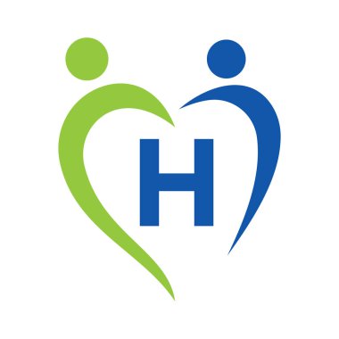 H harfi vektör şablonuna sosyal bakım logosu. Takım çalışması, Heart, People, Family Care, Love Logos. Yardım Vakfı Yaratıcı Bağış İmza H Harfi