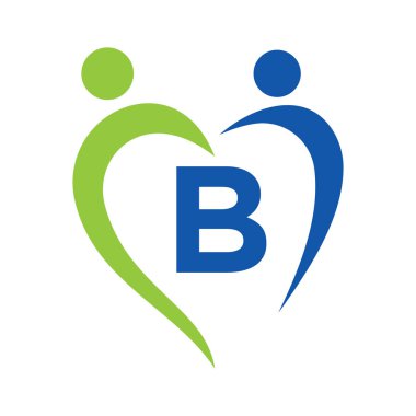 B harfi vektör şablonuna sosyal bakım logosu. Takım çalışması, Heart, People, Family Care, Love Logos. Hayır Kurumu Yaratıcı Bağış İmza B Mektubu