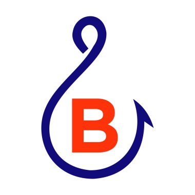 B harfi üzerinde balık amblemi, balık ve kanca logosu şablonu