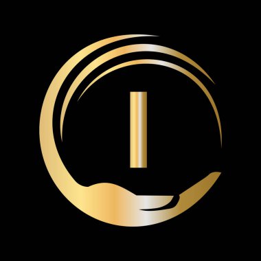 Birinci mektuptaki el bakım logosu şablonu. İlk Birlik Yardım Vakfı İşareti. I Letter Şablonu ile Birlik Ekibi Çalışma Logosu Tasarımı