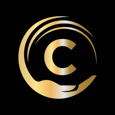 C harfi üzerindeki el bakım logosu şablonu. İlk Birlik Vakfı tabelası. C Harfi Şablonu ile Birlik Ekibi Çalışma Logosu Tasarımı