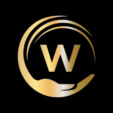 W harfi üzerindeki el bakım logosu şablonu. İlk Birlik Vakfı tabelası. W Harfi Şablonu ile Birlik Ekibi Çalışma Logosu Tasarımı