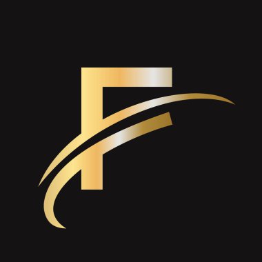 İlk harf F logo tasarımı ve işaret levhası. F logosu tabanlı alfabe iş logosu altın rengi