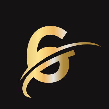 İlk harf 6 logo tasarımı. Üzerinde Swoosh işareti var. 6 logoti tabanlı alfabe iş logosu altın rengi
