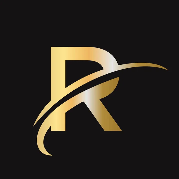 スウッシュサイン付きのイニシャル文字Rロゴデザイン Rロゴタイプベースのアルファベットビジネスロゴゴールドカラー — ストックベクタ