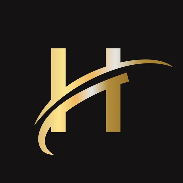 スウッシュサイン付きの初期文字Hロゴデザイン Hロゴタイプベースのアルファベットビジネスロゴゴールドカラー — ストックベクタ