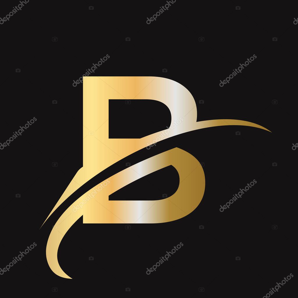 Initial letter B logo design with swoosh sign. B logotype based alphabet business logo gold color