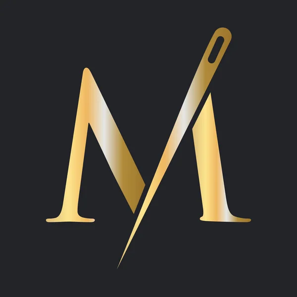 初期の手紙Mテーラーロゴ 刺繍のための針と糸の組み合わせ ファッション ゴールデンカラーテンプレート — ストックベクタ