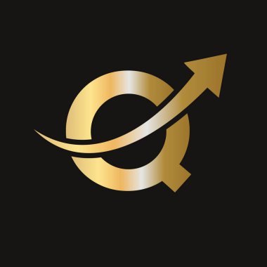 Q harfi konseptinin finans logosu. Pazarlama ve Finansal İş Logosu. Büyüyen Pazarlama Oklu Q Harfi Finans Logosu