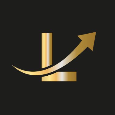 L harfi konseptinin finans logosu. Pazarlama ve Finansal İş Logosu. Büyüyen Pazarlama Oklu L Harfi Finansal Logo