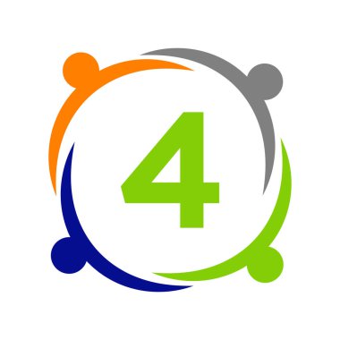 Birlik Ekibi Logo Tasarımı 4 Harf Şablonu. Harf 4 'teki Charity Logo Şablonu, İlk Birlik Vakfı İnsan Logosu İşareti