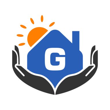 G harfi üzerinde emlak logosu, Güneş, Ev ve El Şablonu kavramı. Güvenli Ev Logosu Element Vektörü