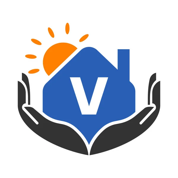 Real Estate Logo Letter Sign Concept Sun House Hand Template — Stock Vector