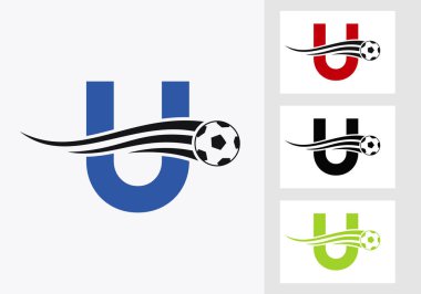 U harfinin üzerinde futbol logosu var. Futbol Kulübü Simgesi Futbol Takımı Simgesi Konsepti