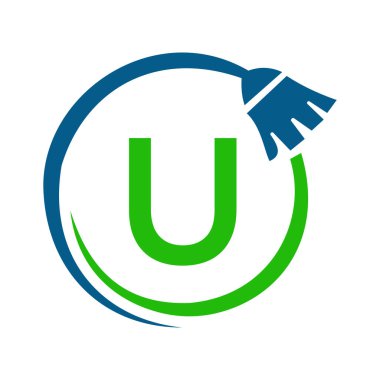 Hizmetçi Evi Temizlik Logosu Harf U konseptinde. Hizmetçi Logosu, Temizlik Fırçası Simgesi
