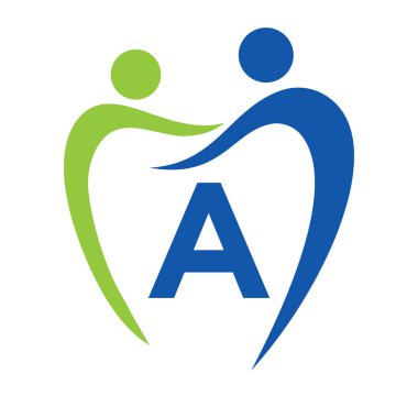 A harfi üzerindeki dişçi kliniği logosu. Aile Diş Bakımı Sembolü. Diş Dişçisi Logosu İşareti