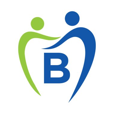 B harfi üzerindeki dişçi kliniği logosu. Aile Diş Bakımı Sembolü. Diş Dişçisi Logosu İşareti