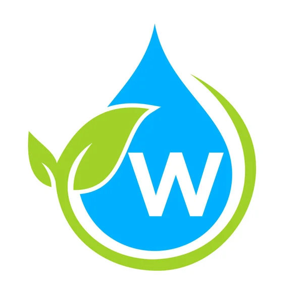 生态叶和水滴标志在字母W模板上 字母W水概念 — 图库矢量图片