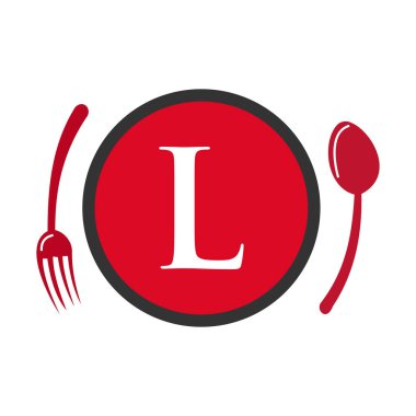 L harfi restoran logosu. Restoran Logosu L harfi kaşık ve çatal kavram vektöründe