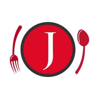 J harfi restoran logosu. J Kaşık ve Çatal Kavram Vektörü Üzerine Restoran Logosu