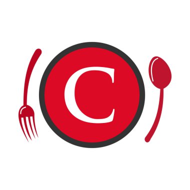 C harfi restoran logosu. C harfi kaşık ve çatal kavram vektöründe restoran logosu