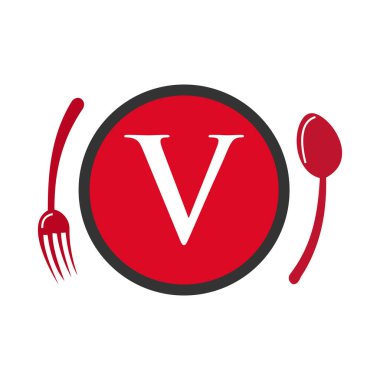 V harfi restoran logosu. V harfi kaşık ve çatal kavram vektöründe restoran logosu