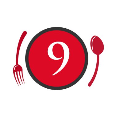 Mektup 9 Restoran Logosu. Logotype Restoranı 9. Kaşık ve Çatal Kavram Vektörü