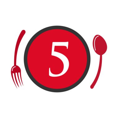 Mektup 5 Restoran Logosu. Restoran Logosu Harf 5 Kaşık ve Çatal Kavram Vektörü