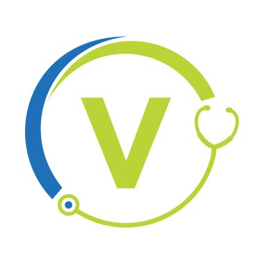 V harfi şablonunda Sağlık Sembol Doktoru ve Tıbbi Logo. Stetoskop İşaretli Doktorlar Logosu