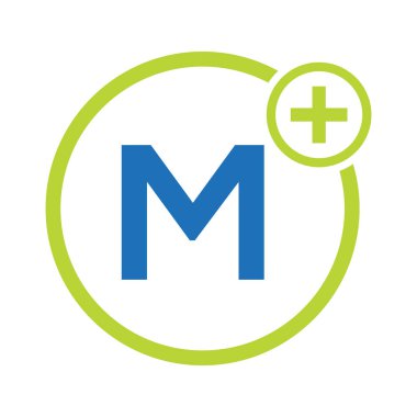 M harfi şablonunda Sağlık Sembol Doktoru ve Tıbbi Logo. Doktor Logosu
