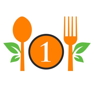Mektup 1 Şablonundaki Restoran Logosu. Kaşık ve Çatal, Mutfak İşareti için Yaprak Sembolü, Kafe Simgesi, Restoran, Yemek Pişirme İşletme Vektörü