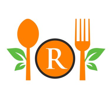 R harfi şablonunda restoran logosu. Kaşık ve Çatal, Mutfak İşareti için Yaprak Sembolü, Kafe Simgesi, Restoran, Yemek Pişirme İşletme Vektörü