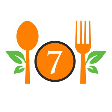 Mektup 7 şablonunda restoran logosu. Kaşık ve Çatal, Mutfak İşareti için Yaprak Sembolü, Kafe Simgesi, Restoran, Yemek Pişirme İşletme Vektörü