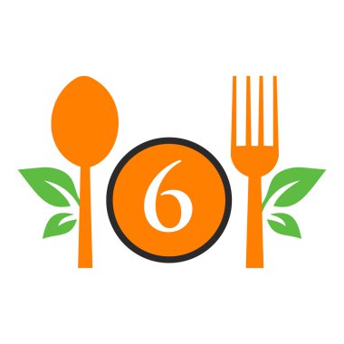 Mektup 6 şablonunda restoran logosu. Kaşık ve Çatal, Mutfak İşareti için Yaprak Sembolü, Kafe Simgesi, Restoran, Yemek Pişirme İşletme Vektörü