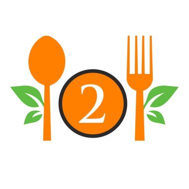 Mektup 2 'deki Restoran Logosu. Kaşık ve Çatal, Mutfak İşareti için Yaprak Sembolü, Kafe Simgesi, Restoran, Yemek Pişirme İşletme Vektörü