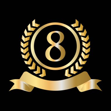 8. Yıldönümü Kutlaması Altın ve Siyah Şablon. Lüks Stil Altın Heraldik Crest Logosu Vintage Laurel Vector