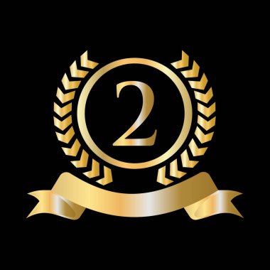 İkinci, İkinci Yıldönümü Kutlaması Altın ve Siyah Şablon. Lüks Stil Altın Heraldik Crest Logosu Vintage Laurel Vector