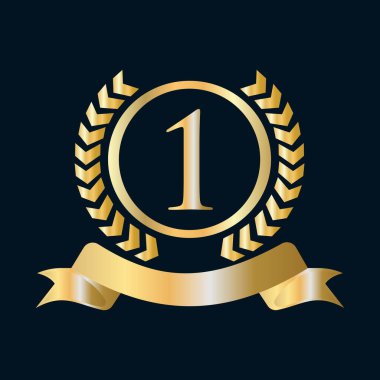 Birinci, Birinci Yıldönümü Altın ve Siyah Şablon Kutlaması. Lüks Stil Altın Heraldik Crest Logosu Vintage Laurel Vector