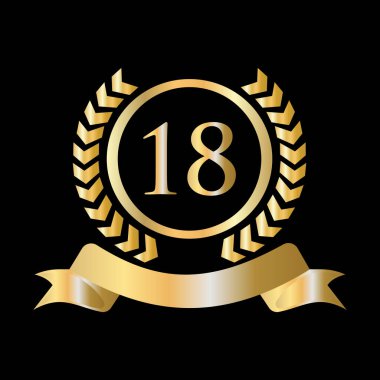 18. Yıldönümü Altın ve Siyah Şablon Kutlaması. Lüks Stil Altın Heraldik Crest Logosu Vintage Laurel Vector
