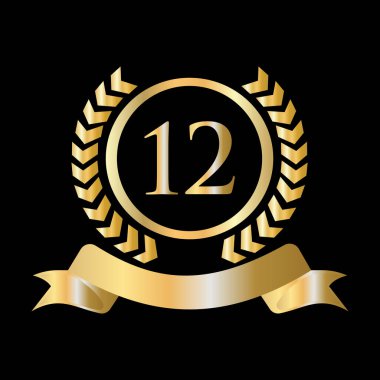 12. Yıldönümü Altın ve Siyah Şablon kutlamaları. Lüks Stil Altın Heraldik Crest Logosu Vintage Laurel Vector