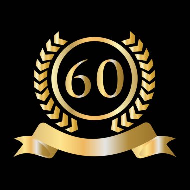 60th Anniversary Celebration Gold and Black Template. Luxury Style Gold Heraldic Crest Logo Element Vintage Laurel Vector