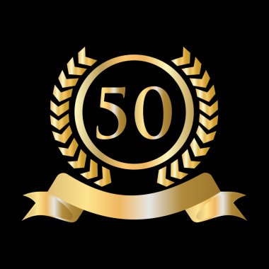 Fifty, 50 Years Anniversary Celebration Gold and Black Template. Luxury Style Gold Heraldic Crest Logo Element Vintage Laurel Vector